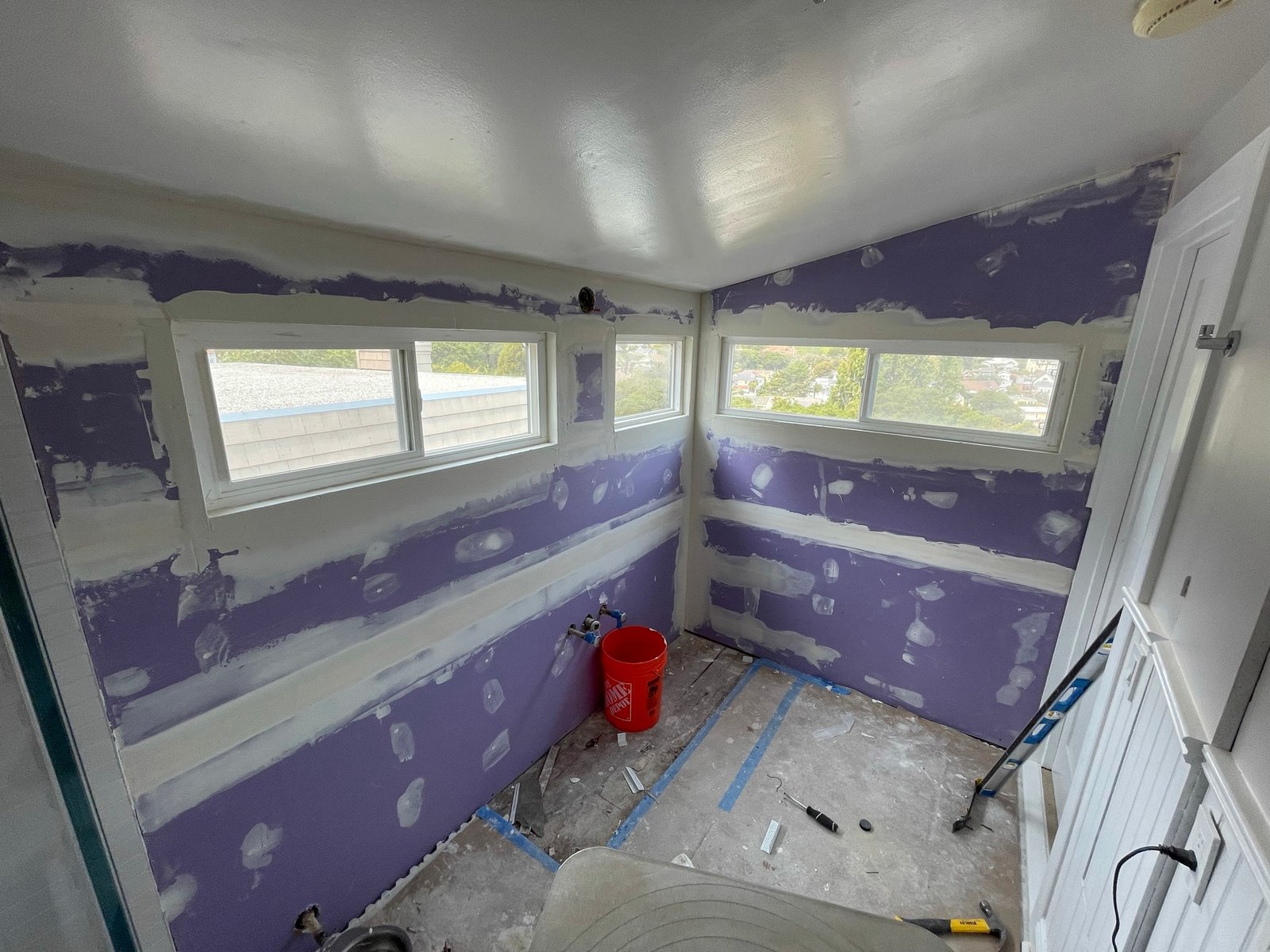 Bathroom walls during drywall preparation